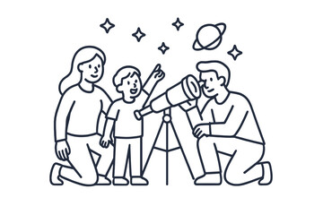 Happy family bonding while observing stars and planets through a telescope