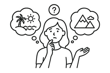 Confused woman deciding between a tropical beach vacation and a mountain hiking trip