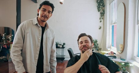 Barbershop, handshake and men with thank you, face and smile with grooming style. Hair care, customer and professional in workplace, shaking hands and gratitude with service and small business