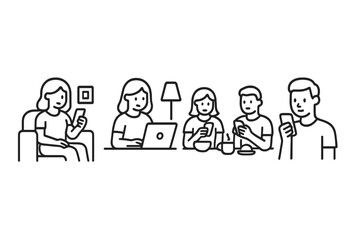 Group of people using modern digital devices for communication, work, and entertainment in various indoor settings