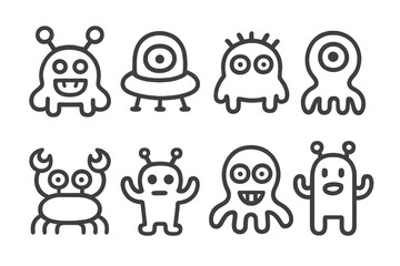Eight cute cartoon alien and monster characters in simple line art style for UI design