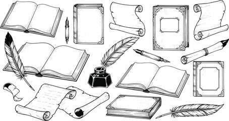 Vintage Writing Stationery Hand Drawn Vector Illustration Set, Antique Books, Feather Quills, Inkwells, and Old Parchment Scrolls, Isolated Graphic for History and Literature