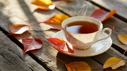 Autumn Tea Time Hot Beverage and Fallen Leaves on Wooden Surface