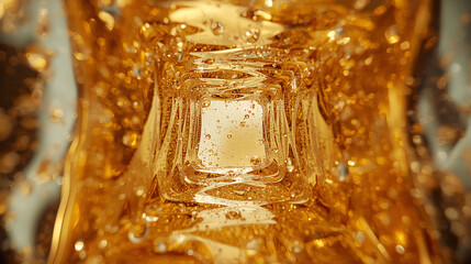 Abstract golden liquid with sparkling bubbles and square tunnel