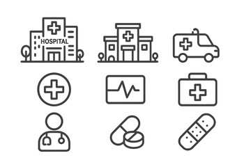 Essential medical and healthcare symbols including hospital, ambulance, doctor, and first aid