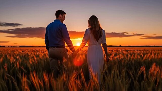 A couple holding hands in a wheat field during a vibrant sunset.