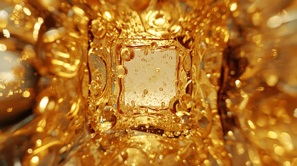 Abstract golden liquid texture with glistening bubbles and rich shimmer