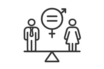 Black and white line art icon depicting gender equality and balance between male and female figures on a scale