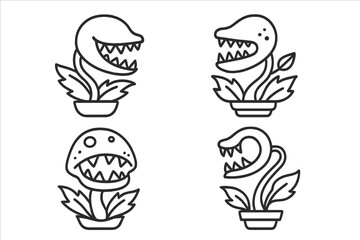 Four different styles of hungry carnivorous monster plants with sharp teeth in flower pots
