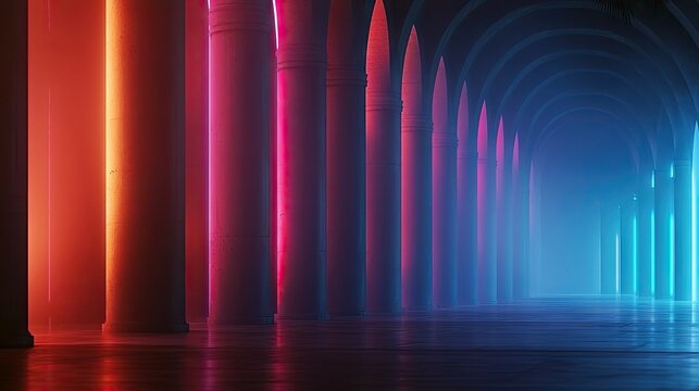 A futuristic tunnel with columns illuminated by vibrant neon lights in shades of red, pink, and blue. The scene evokes a sense of mystery and modern architectur