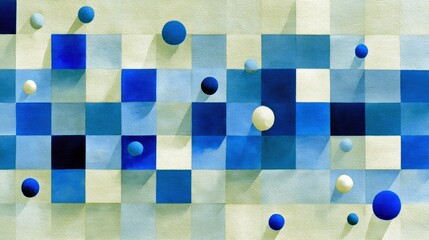 An abstract painting featuring blue spheres floating above a checkered pattern of blue and white squares, with shadows adding depth.