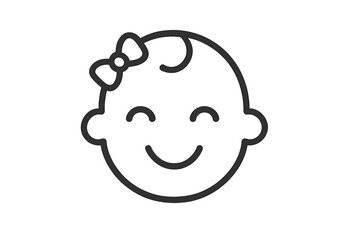 Simple outline drawing of a cheerful baby girl face with a bow, smiling happily