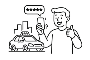 Satisfied passenger giving five star rating for taxi ride service on smartphone app