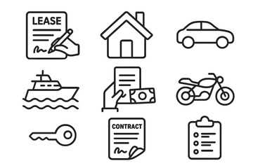 Line icons for lease agreement, contract signing, property, vehicle, and asset rental services