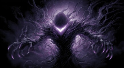 Abstract figure with ethereal arms and glowing aura in darkness