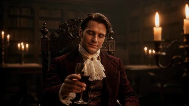Elegant man in historical costume sipping red wine in a candlelit library. Victorian aristocrat drinking in a dark study. Gothic atmosphere