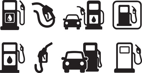 Bold silhouette gas station icon set featuring pumps, nozzles, fuel symbols, and service signs.