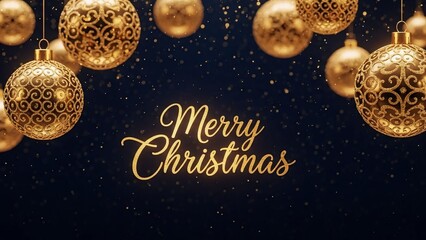 Golden christmas ornaments and merry christmas greeting on dark background