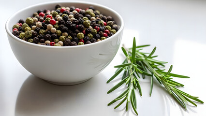 black pepper in wooden or white bowl with aromatic spices on white background