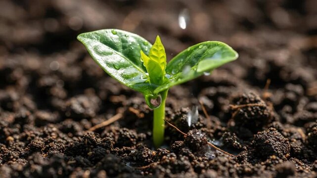 Timelapse of seedling growth with water droplets showcasing natural plant development