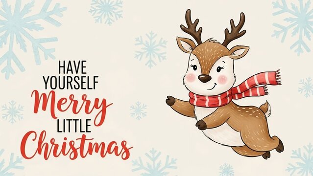 Cute cartoon reindeer with scarf wishing merry christmas - Powered by Adobe