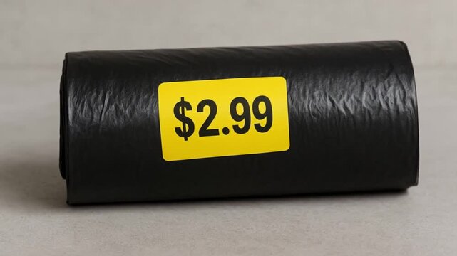 cost living groceries concept. Black plastic roll with a price tag on a neutral background.