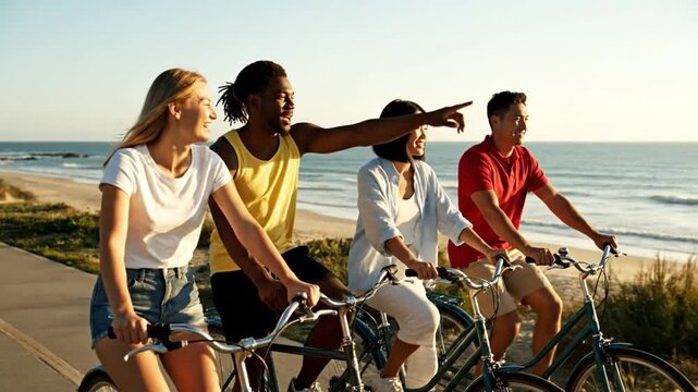 Continuous tracking shot of diverse friends riding bikes along a beach path.