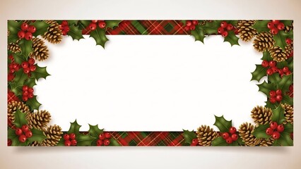 Festive christmas garland border with pine cones and holly berries on white background