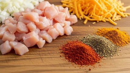 Preparing fresh diced chicken with spices and vegetables on wooden board