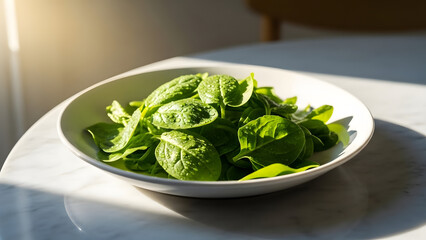 fresh green arugula salad in a white bowl