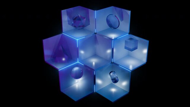 Futuristic Glass Hexagon Grid With Floating 3D Shapes