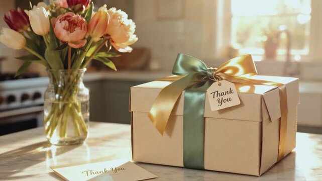 Beige gift box with green and gold ribbon and Thank You tag on a marble counter. Elegant present with matching card and flowers in a sunny kitchen. Gratitude and appreciation concept