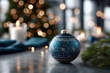 Elegant blue Christmas ornament with glittering details and candle bokeh, perfect for luxury holiday branding and festive backgrounds.