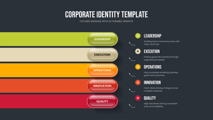 Consulting Introduction Five Option Infographic Slide Template. Company Briefing 5 Step Diagram Presentation Layout. Enterprise Profile Slideshow Design Vector Illustration.