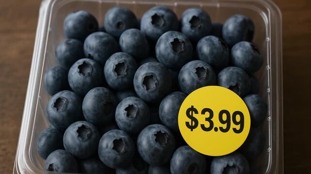 cost living groceries concept. Fresh blueberries in a clear container with a price tag.
