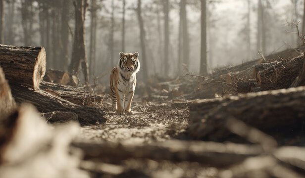 Tiger stands amidst deforestation scene environmental awareness concept - Powered by Adobe