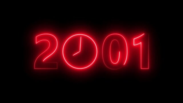 2001 digital text celebration and Calendar neon bright red color animation. Clock icon timer concept on black background.