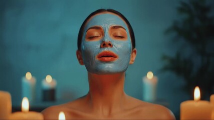 Close-up of a woman with a blue face mask relaxing in a spa setting with candles. Beauty and skincare treatment concept