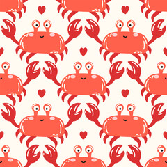Vector seamless pattern with cute red crabs, seashells, and corals. Playful ocean-themed design perfect for kids textiles, wrapping paper, and summer decor