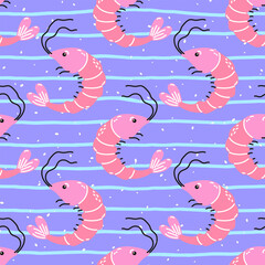 Vector seamless pattern with shrimps with fish. Modern nautical design perfect for seafood packaging, kitchen textiles, wallpapers, and summer-themed products