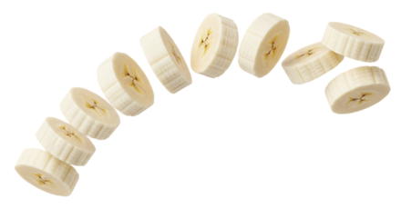 Fresh banana slices elegantly arranged in a curve, perfect for healthy eating promotions and vibrant recipe illustrations or a tasty smoothie bowl creation!