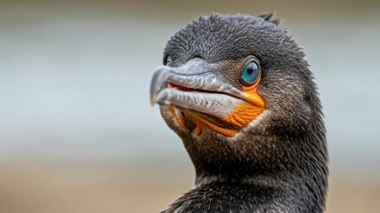 Closeup of a cormorant turning and staring with intense focus and striking eye detail