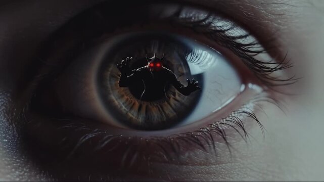 Macro close-up of a human eye reflecting a terrifying demon with glowing red eyes. Scary silhouette of a monster reaching out inside the pupil before the eye blinks. Nightmare and horror concept