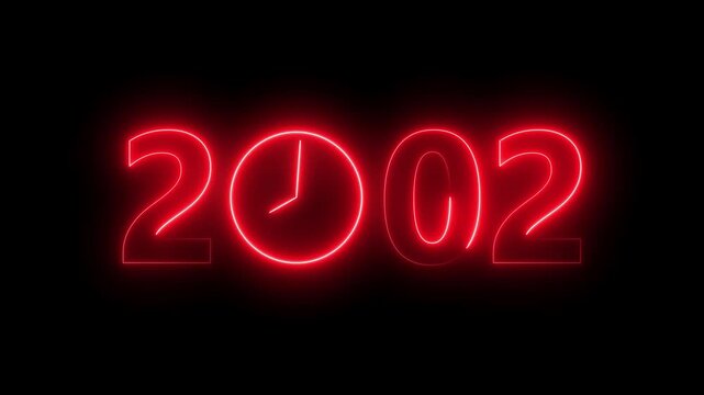 2002 digital text celebration and Calendar neon bright red color animation. Clock icon timer concept on black background.