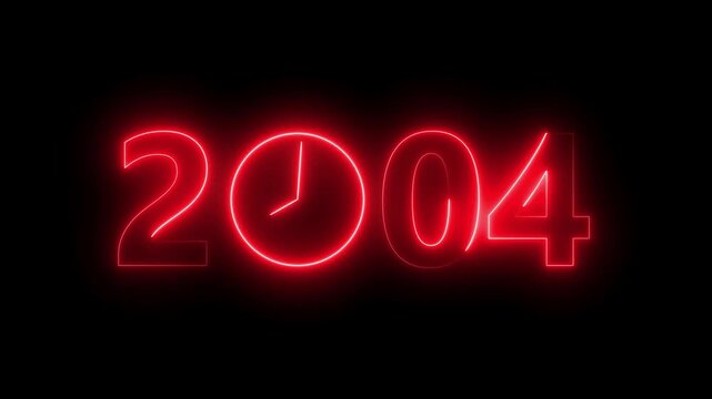 2004 digital text celebration and Calendar neon bright red color animation. Clock icon timer concept on black background.