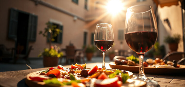 Plates of colorful salad and red wine glasses on outdoor table , italian Lambrusco 