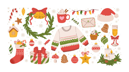 Cozy hand draw Christmas icon set with sweets, gingerbread, baubles, wreath, Santa hat, stocking, lights and gift box. Winter holiday clipart. Vector illustration