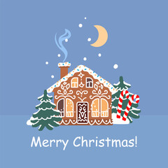 Gingerbread house with candy canes and icing in snowy winter scene, cute festive Christmas illustration with trees and moon, sweet holiday cookie home vector greeting card design