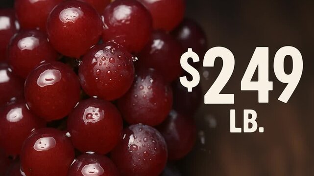 cost living groceries concept. Fresh grapes with droplets and price tag displayed prominently.