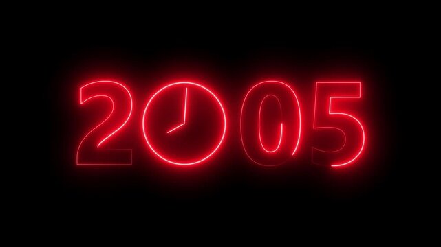 2005 digital text celebration and Calendar neon bright red color animation. Clock icon timer concept on black background.
